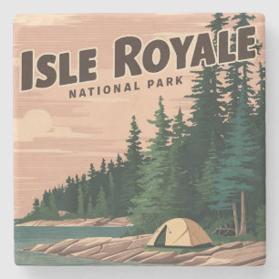 Vintage Isle Royale National Park Camping Art Stone Coaster
