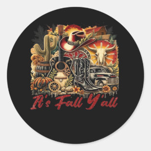 Vintage It’s Fall Y’all Cowgirl Boots Guitar Pumpk Classic Round Sticker
