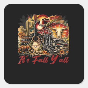 Vintage It’s Fall Y’all Cowgirl Boots Guitar Pumpk Square Sticker
