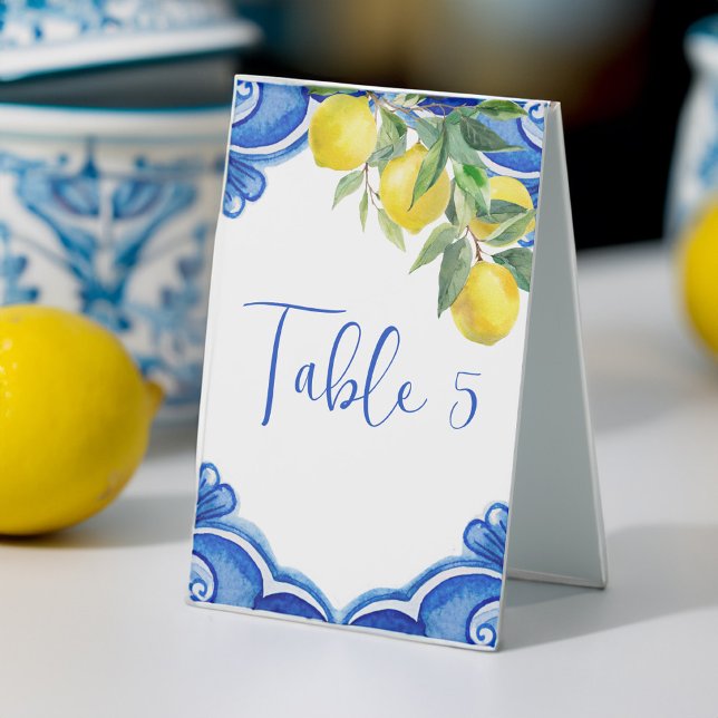 Vintage Italian Blue tiles lemons table numbers (Vintage Italian Blue tiles lemons table numbers Table Tent Sign personalized bridal shower decor)