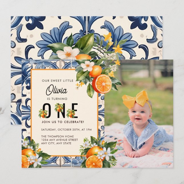 Vintage Italian | Citrus Orange First Birthday  Invitation (Front/Back)
