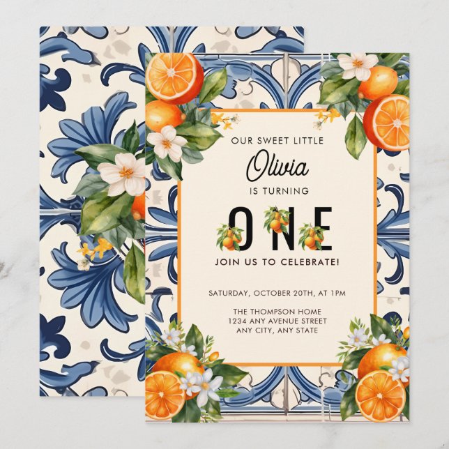 Vintage Italian | Citrus Orange First Birthday  Invitation (Front/Back)