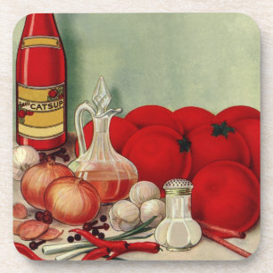 Vintage Italian Food Tomato Onions Peppers Catsup Coaster