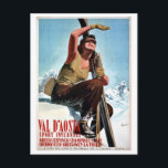 Vintage Italian winter sports ski travel ad Postcard<br><div class="desc">Val d'Aosta From a vintage Italian travel poster, showing a young woman sitting on a mountain rock, holding her skis. The Aosta Valley (Italian: Valle d'Aosta (official) or Val d'Aosta (usual), French: Vallée d'Aoste (official) or Val d'Aoste (usual), Arpitan: Val d'Outa) is a mountainous semi-autonomous region in north-western Italy. It...</div>