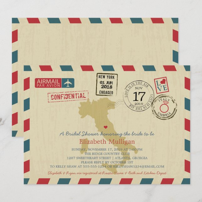 Vintage Italy Airmail | Wedding Bridal Shower Invitation (Front/Back)
