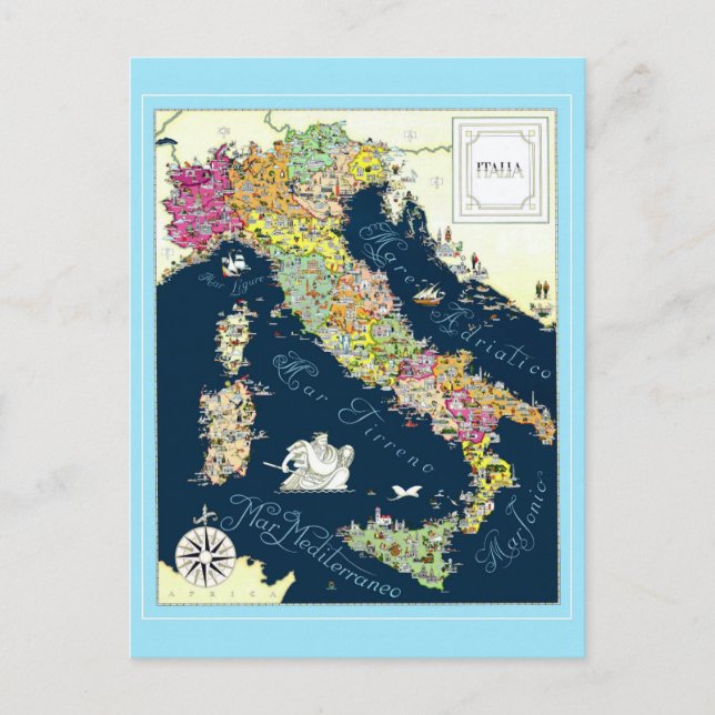 Vintage Italy Italian Map Travel Poster Postcard (Front)