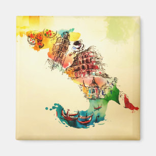 Vintage Italy Map City Travel Love Watercolor Magnet