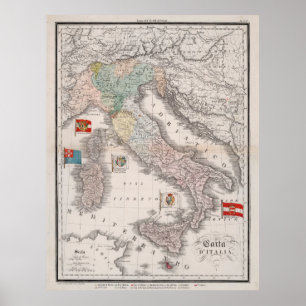 Vintage Italy Map with Flags (1842) Poster
