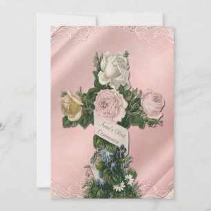 Vintage Ivory and Coral Pink First Communion Invitation