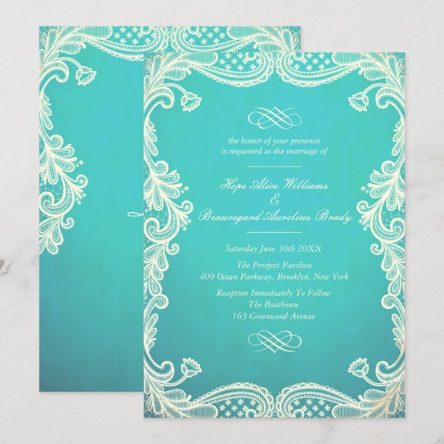 Vintage Ivory and Mint Lace Wedding Invitations (Front/Back)