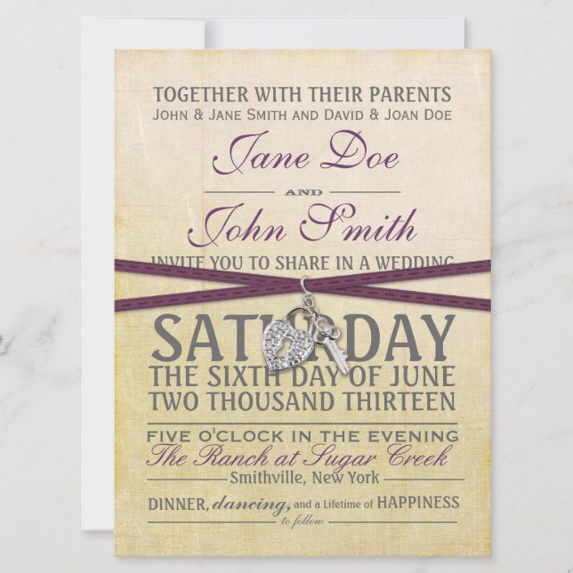 Vintage Ivory and Purple Paper Wedding Invitation (Front)