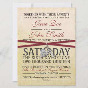 Vintage Ivory and Red Paper Wedding Invitation