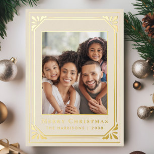 Vintage Ivory Art Deco Christmas Photo Gold Foil Holiday Card