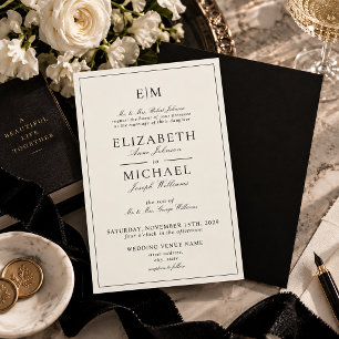 Vintage Ivory Black Classic Monogram Wedding Invitation