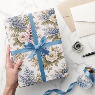 Vintage Ivory Blue Heirloom Floral Bouquet Wrapping Paper