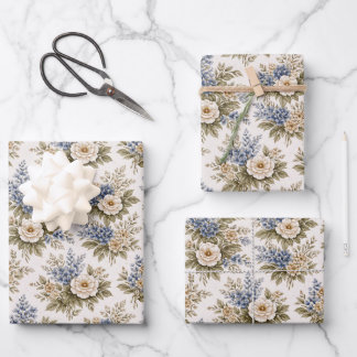 Vintage Ivory Blue Heirloom Floral Bouquet Wrapping Paper Sheet