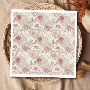 Vintage Ivory Brown Frilled Hearts Rose Pattern Napkin