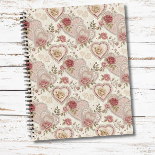 Vintage Ivory Brown Frilled Hearts Rose Pattern Notebook