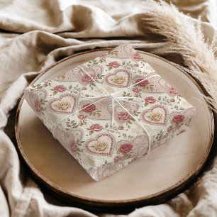 Vintage Ivory Brown Frilled Hearts Rose Pattern Tissue Paper