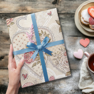 Vintage Ivory Burgundy Frilled Hearts Rose Pattern Wrapping Paper