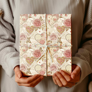 Vintage Ivory Burgundy Frilled Hearts Rustic Roses Wrapping Paper