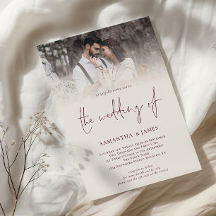 Vintage Ivory Burgundy Photo Overlay QR Wedding Invitation