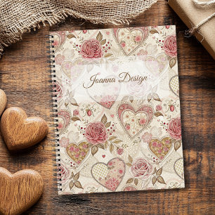 Vintage Ivory Burgundy Rose Heart Personalized Notebook