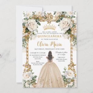 Vintage Ivory Champagne Roses Floral Quinceanera Invitation