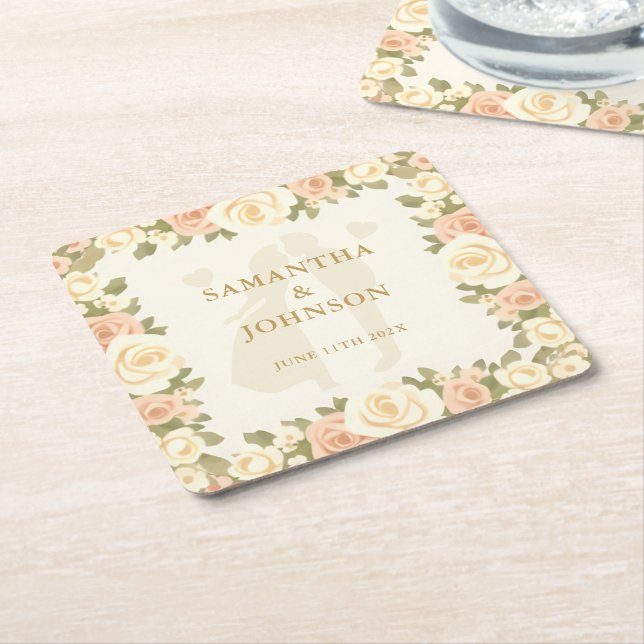 Vintage Ivory Elegant Wedding Square Paper Coaster (Angled)