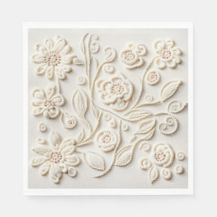 Vintage Ivory Embroidered Floral Design Napkin