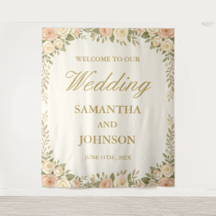 Vintage Ivory Floral Wedding Welcome Backdrop Tapestry