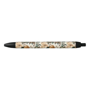 Vintage Ivory Flowers, Multicolored Roses Pattern Black Ink Pen