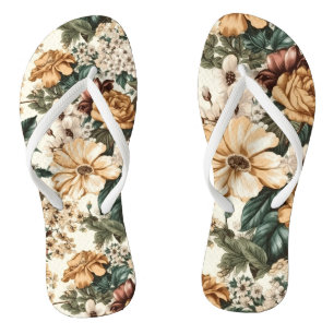 Vintage Ivory Flowers, Multicolored Roses Pattern Flip Flops