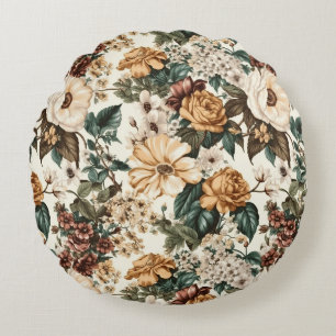 Vintage Ivory Flowers, Multicolored Roses Pattern Round Cushion