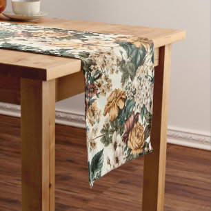 Vintage Ivory Flowers, Multicolored Roses Pattern Short Table Runner