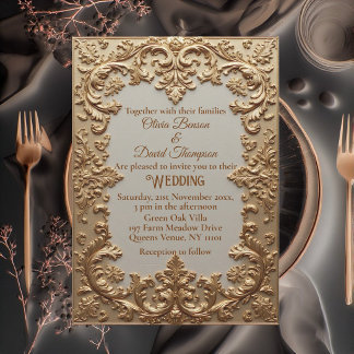 Vintage Ivory Gold Ornate Baroque Scroll Opulence  Invitation