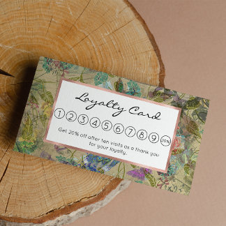 Vintage Ivory Green Blue Pink Peacock Collage Loyalty Card