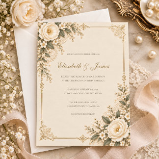 Vintage Ivory Heirloom Lace Floral Romance Wedding Invitation