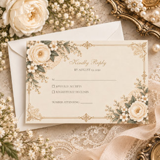Vintage Ivory Heirloom Lace Floral Romance Wedding RSVP Card