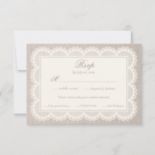 Vintage Ivory Lace & Beige Linen Wedding Meal RSVP Card