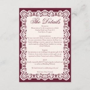 Vintage Ivory Lace Burgundy Vintage Wedding Detail Enclosure Card