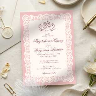 Vintage Ivory Lace Elegant Blush Pink Swan Wedding Invitation