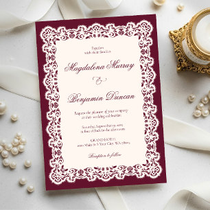Vintage Ivory Lace Elegant Burgundy Chic Wedding Invitation