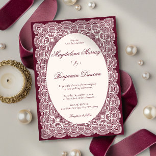 Vintage Ivory Lace Elegant Burgundy Chic Wedding Invitation