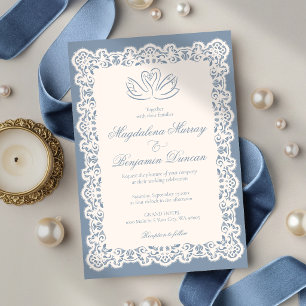 Vintage Ivory Lace Elegant Dusty Blue Swan Wedding Invitation