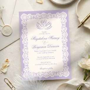 Vintage Ivory Lace Elegant Purple Swan Wedding Invitation