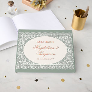 Vintage Ivory Lace Elegant Sage Green Wedding Guest Book