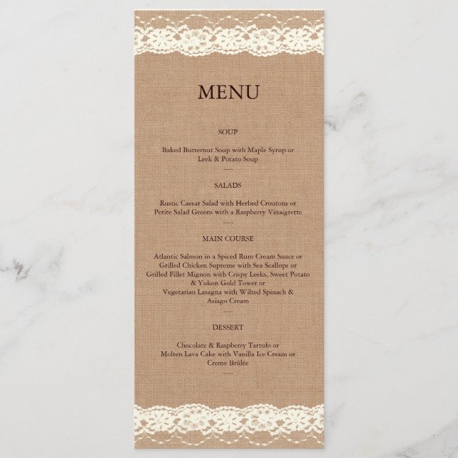 Vintage Ivory Lace & Medium Burlap Menu (Front)