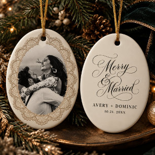 Vintage Ivory Lace Merry & Married Wedding Photo Ceramic Tree Decoration