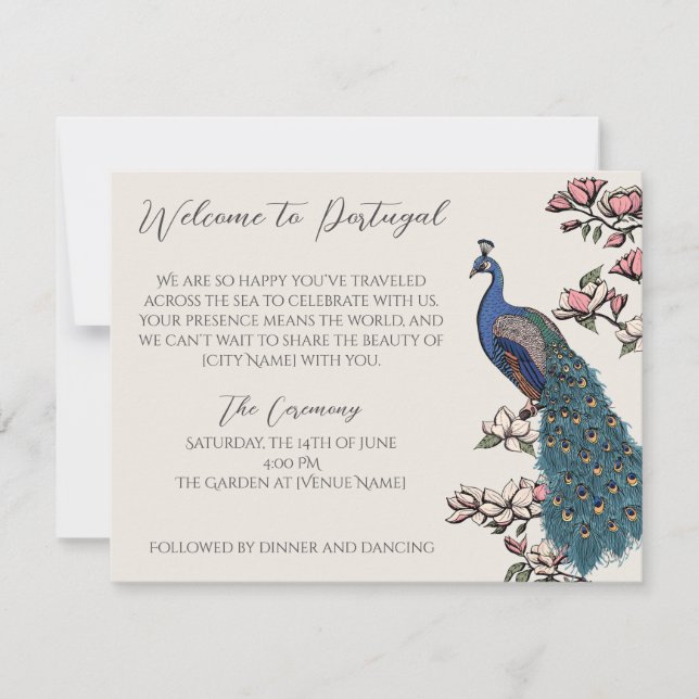 Vintage Ivory Peacock Ink Art Wedding Program (Front)